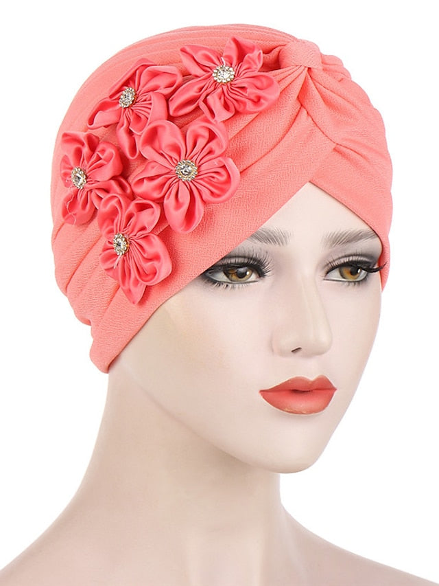 Elegant Women Five Flowers Turban Caps Muslim Elastic Crystal Party Headscarf Bonnet Ladies Hair Accessories Indian Cap - LuckyFash™