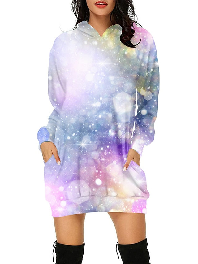 Women‘s Hoodie Dress Winter Dress Green Blue Purple Yellow Rainbow Long Sleeve Print Pocket Print Winter Fall Hooded Stylish Casual Fall Dress Loose Fit 2022 S M L XL XXL 3XL - LuckyFash™