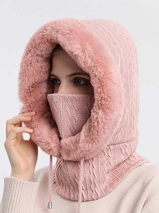 High Quality Winter Fur Cap Mask Set Hooded for Women Knitted Cashmere Neck Warm Outdoor Ski Windproof Hat Thick Plush Fluffy Beanies - LuckyFash™