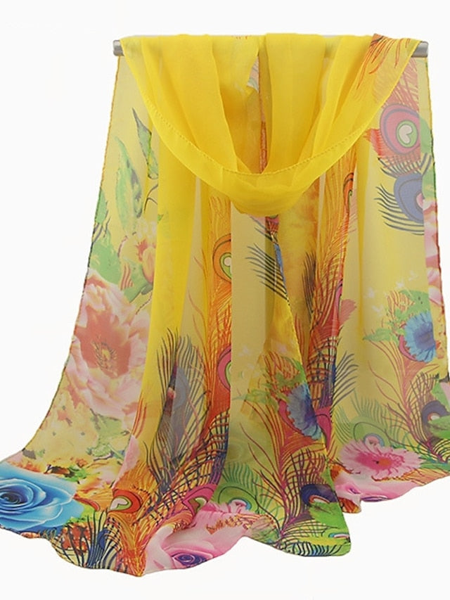 Ladies Peacock Feather Print Chiffon Silk Scarf Sun Protection Beach Towel Shawl - LuckyFash™