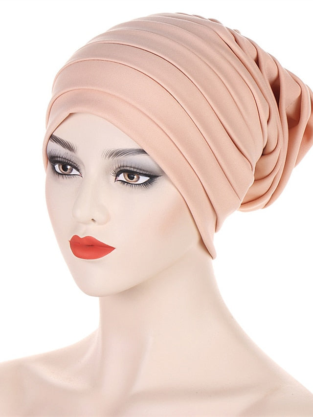 Candy Color Ladies Head Wraps Muslim Hijab Bonnets Fashion Headgear Trendy Elastic Full Body Pleated Turban Cap for Women - LuckyFash™