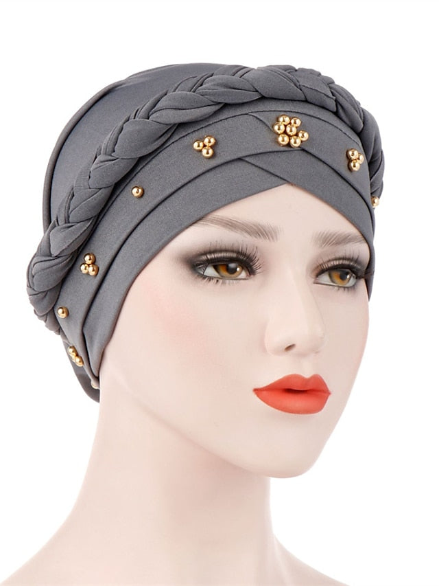 Women Lady Gold Beads Muslim Braid Head Turban Soft Islamic Arab Cap Hat Hair Care Bonnet Beanies Fashion for Women - LuckyFash™