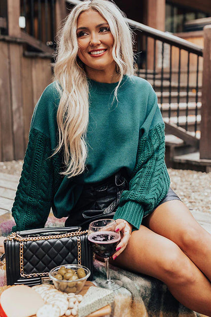 Skobeloff Cable Knit Textured Patchwork Sleeve Slouchy Sweater