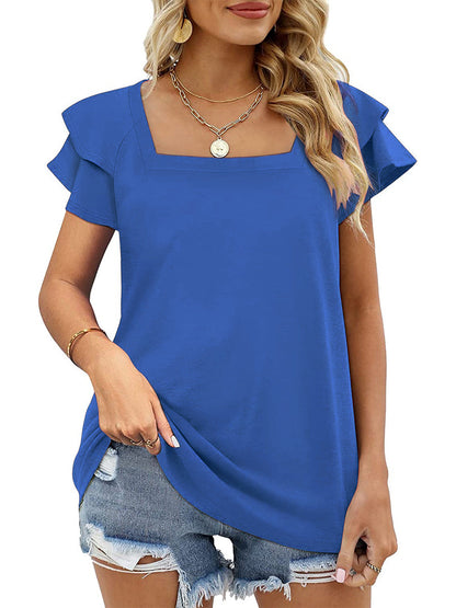 T-Shirts - Solid Color Square Neck Double Layer Petal Sleeve T-Shirt - MsDressly