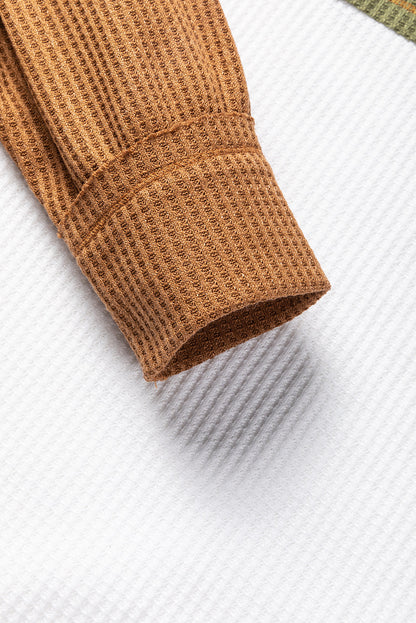 Green Block Patchwork Long Sleeve Waffle Knit Top