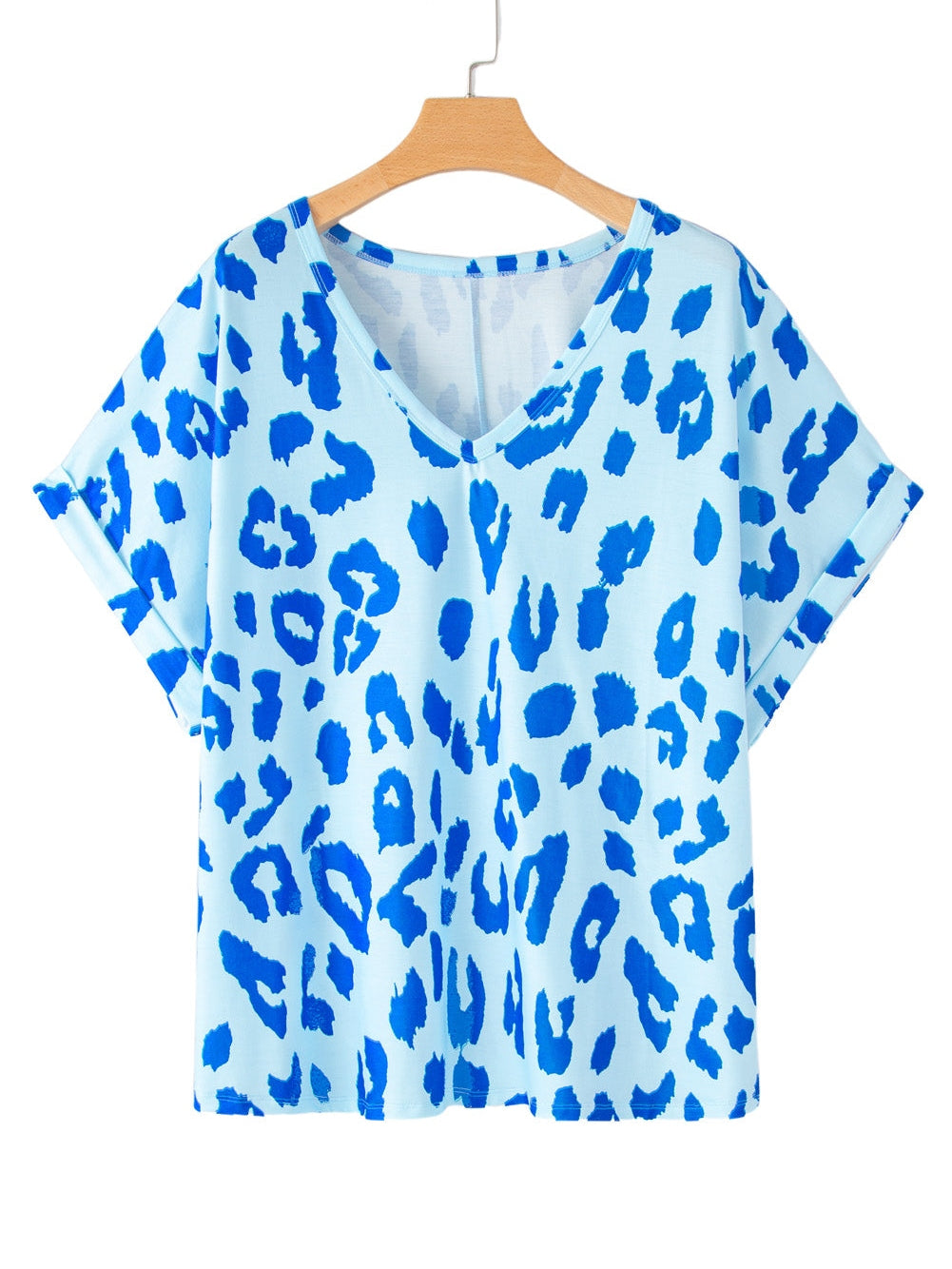 Sky Blue Leopard Printed V Neck Plus Size T Shirt