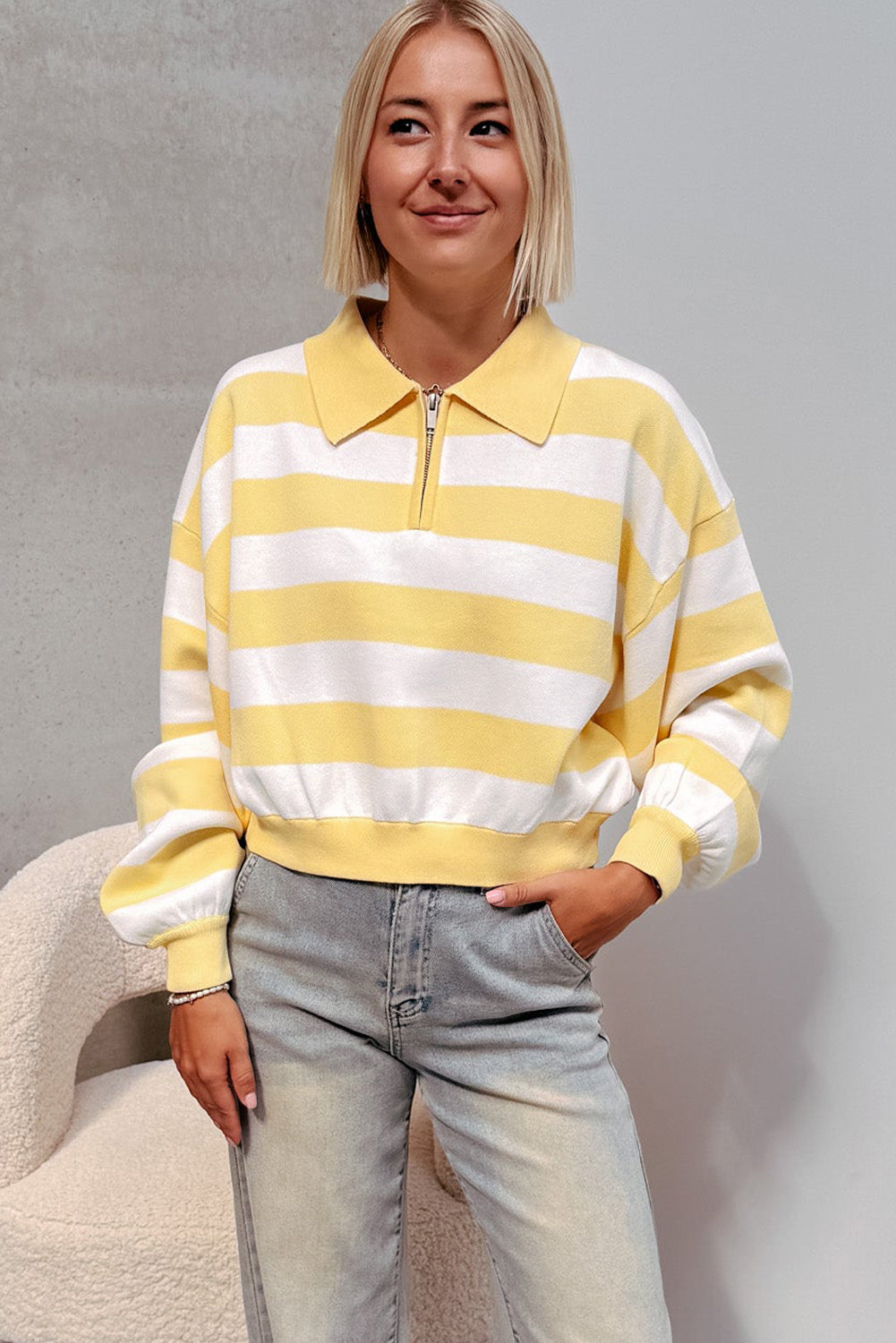 Yellow Stripe Collar Zipped Drop Shoulder Casual Sweater