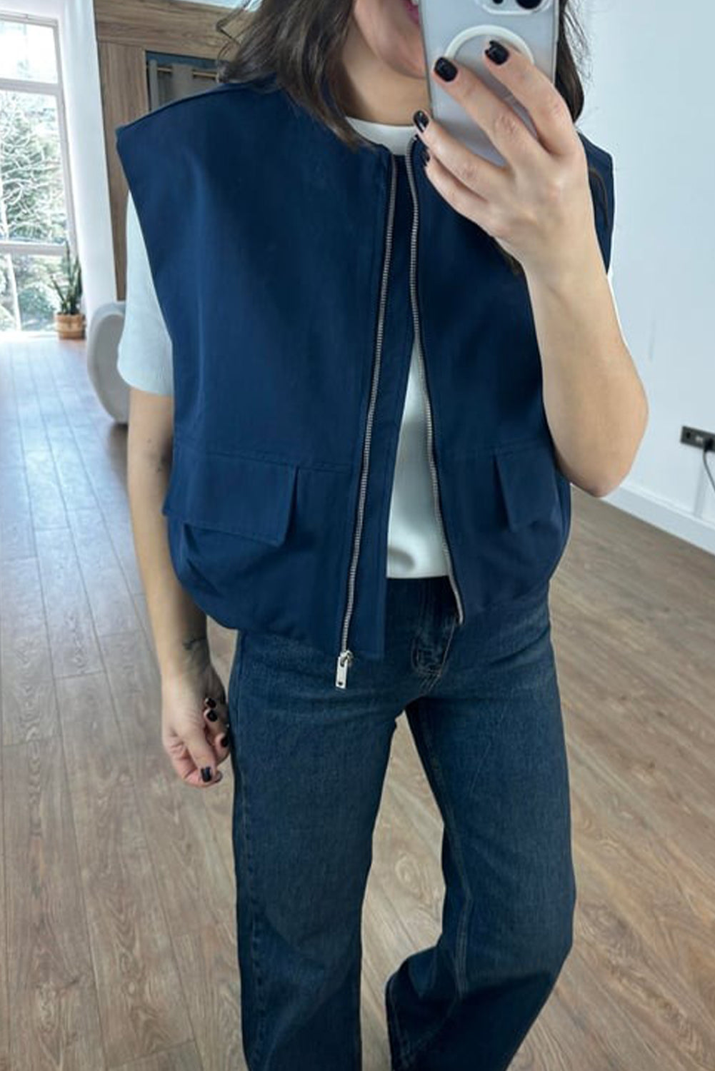 Sail Blue Mock Pockets Zipped Front Cargo Style Casual Vest