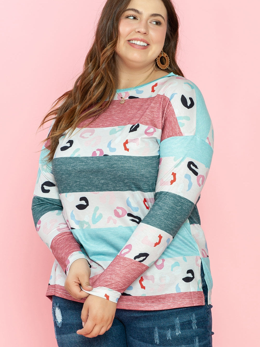 Stripe Colorblock Sky Blue Plus Size Pullover Top