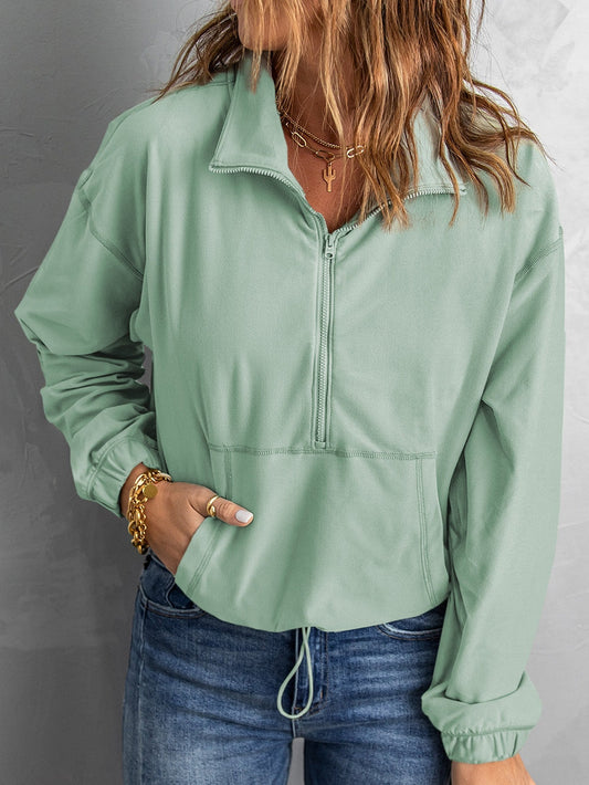 Green Zip Front Pullover Sweatshirt with Pockets