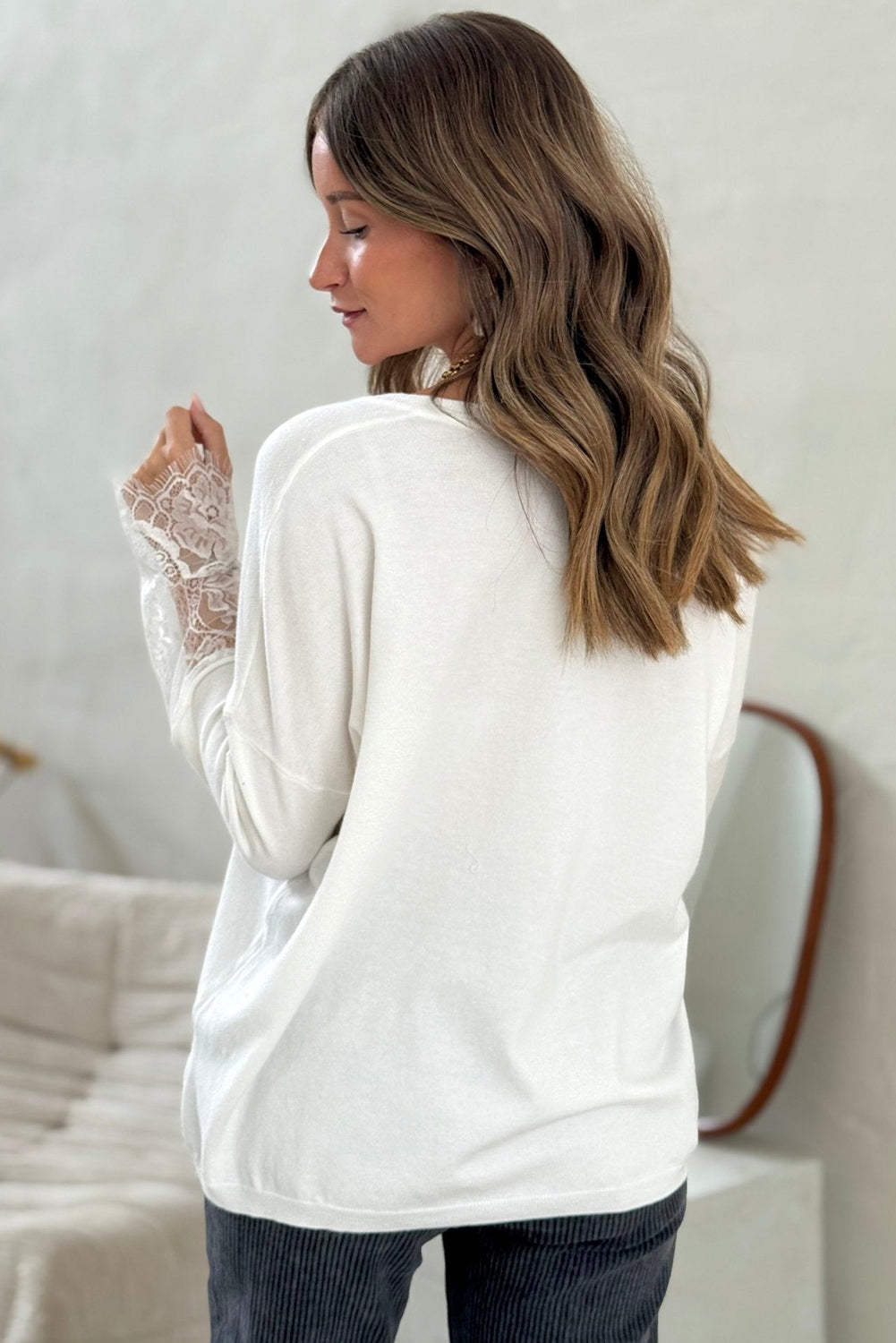 White lace panel sweater