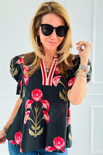 Black Floral Print Short Puff Sleeve Contrasted Striped V Neck Blouse