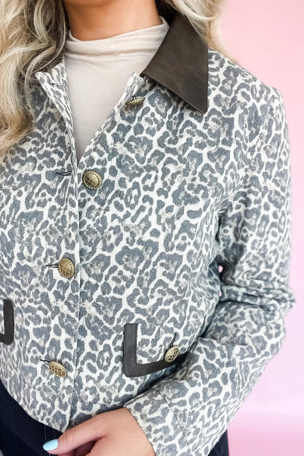 Black Leopard Print Button Flap Contrast PU Leather Collar Patchwork Jacket