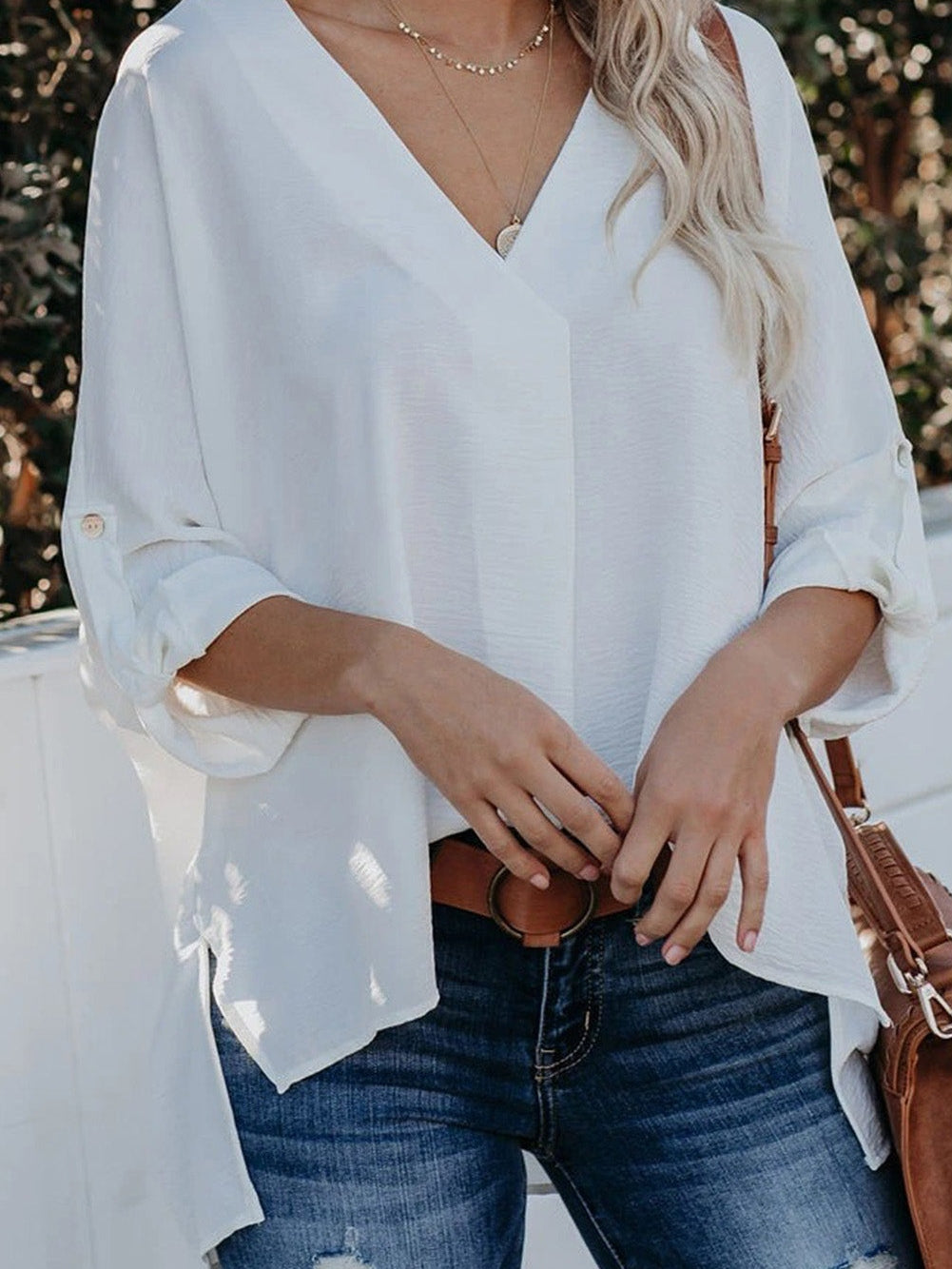 Elegant White V Neck High Low Hem Blouse