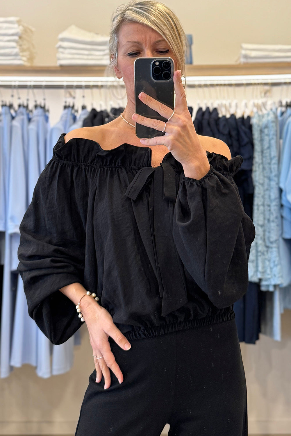 Black Knot Front Frilled Off Shoulder Long Sleeve Blouse