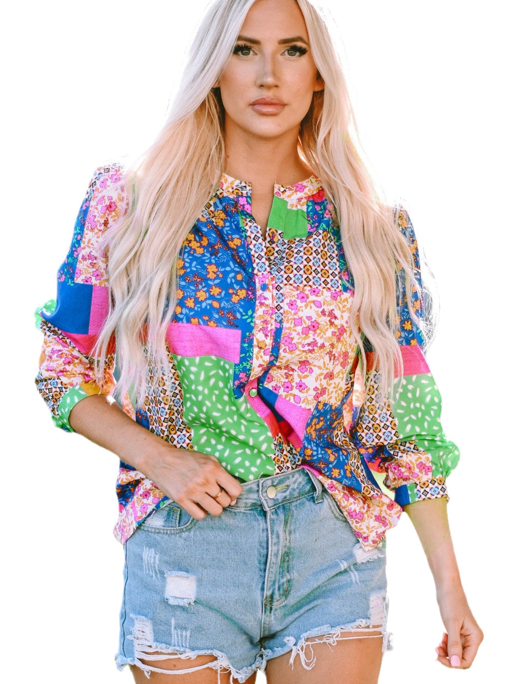 Floral Patchwork Print Button-Up Blouse