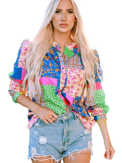 Floral Patchwork Print Button-Up Blouse