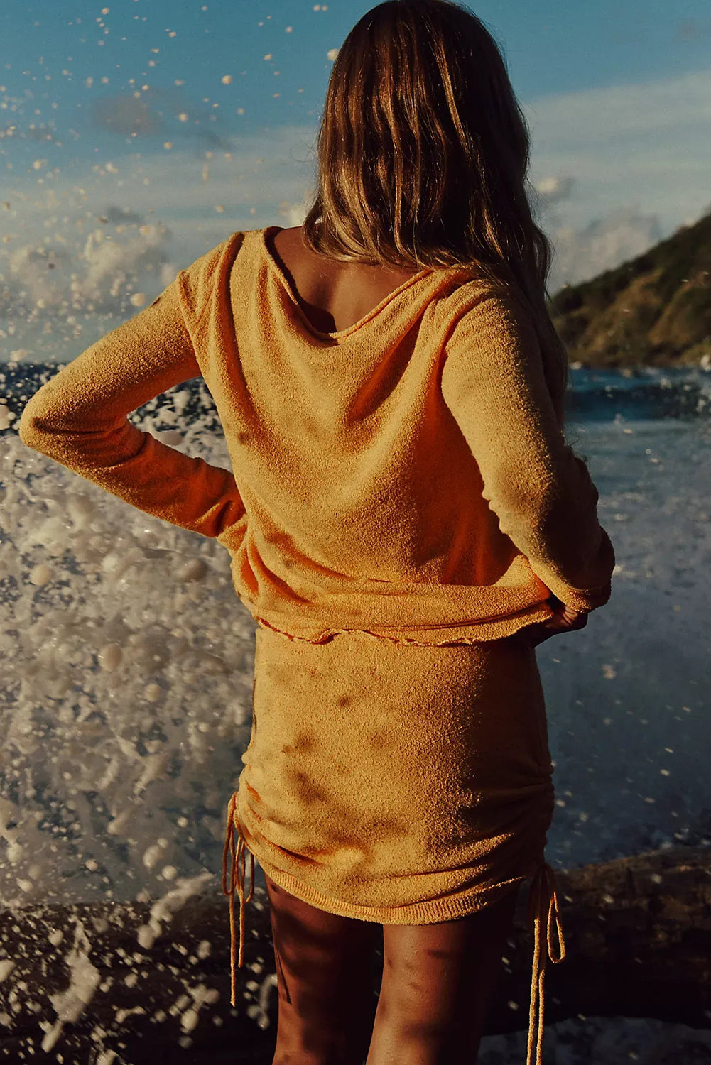 Jurassic Gold Raw Edge Trim Boat Neck Sweater Drawstring Side Mini Skirt 2pcs Outfit