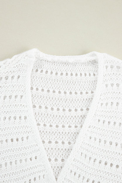 White Pointelle Knit Bracelet Sleeve Open Cardigan