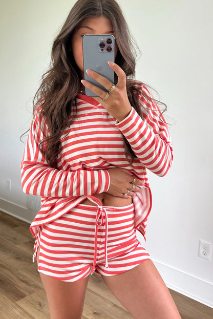 Red Stripe V Neck Long Sleeve Top Side Split Shorts 2pcs Lounge Set