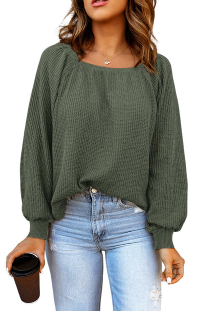 Green Square Neck Loose Fit Waffle Knit Long Sleeve Top