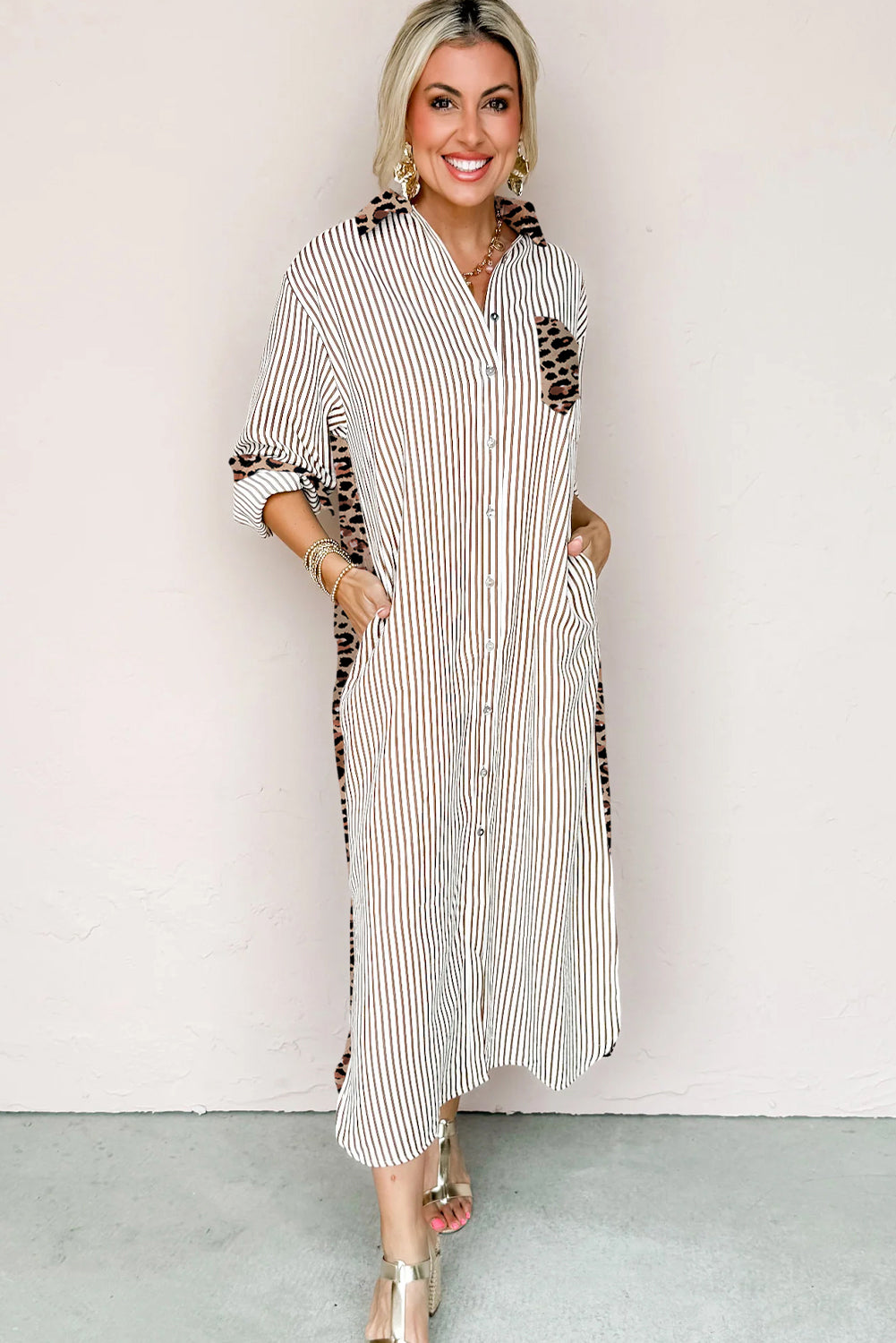 Brown Stripe Contrast Leopard Patchwork Long Shirt Dress