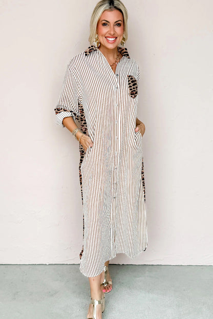 Brown Stripe Contrast Leopard Patchwork Long Shirt Dress