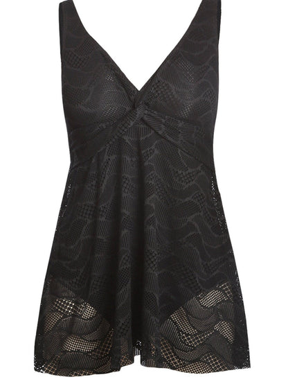 Ruched Twist Front Black Swimdress