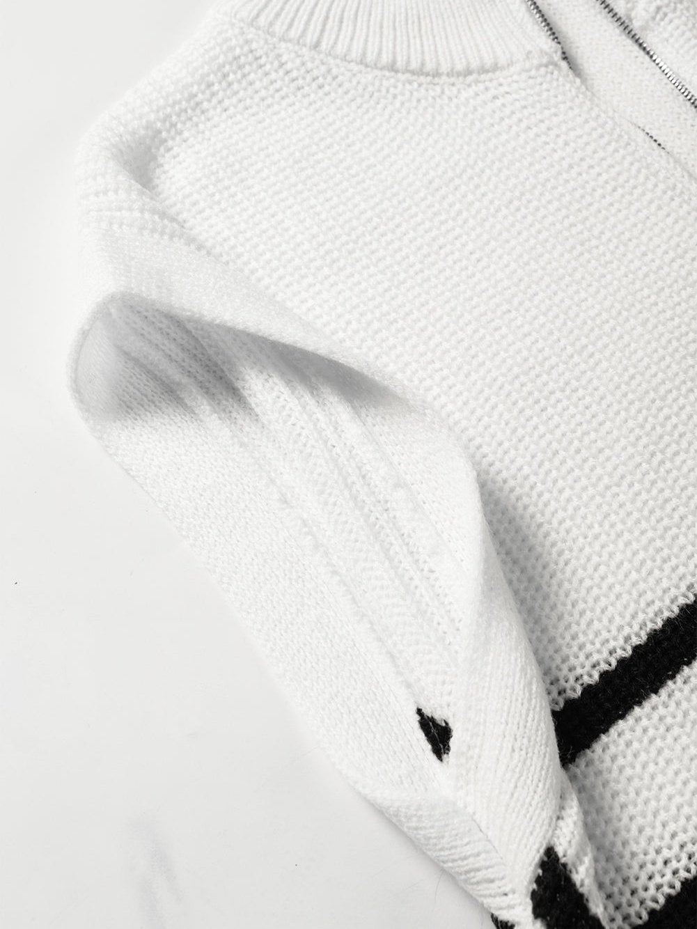 Elegant White Striped Half Zip Stand Neck Sweater Tee