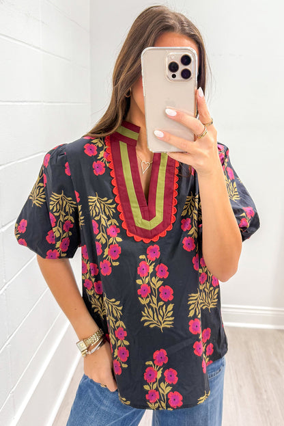 Black Floral Short Bubble Sleeve Contrast Slit Neckline Blouse