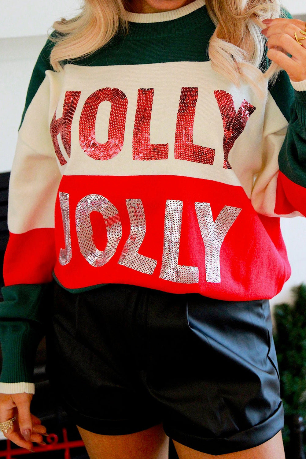 Green Sequined HOLLY JOLLY Color Block Crew Neck Sweater