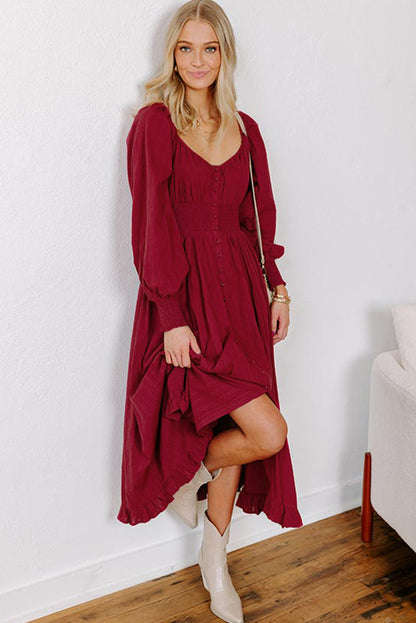 Racing Red Smocked High Waist Button Down Long Sleeve Flared Dress