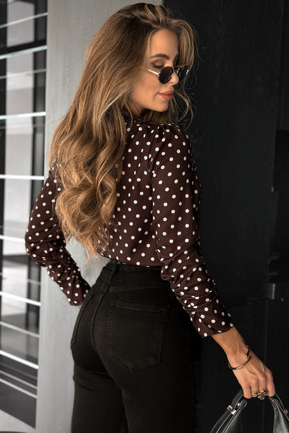 Chicory Coffee Pleated Round Neck Polka Dot Long Sleeve Blouse