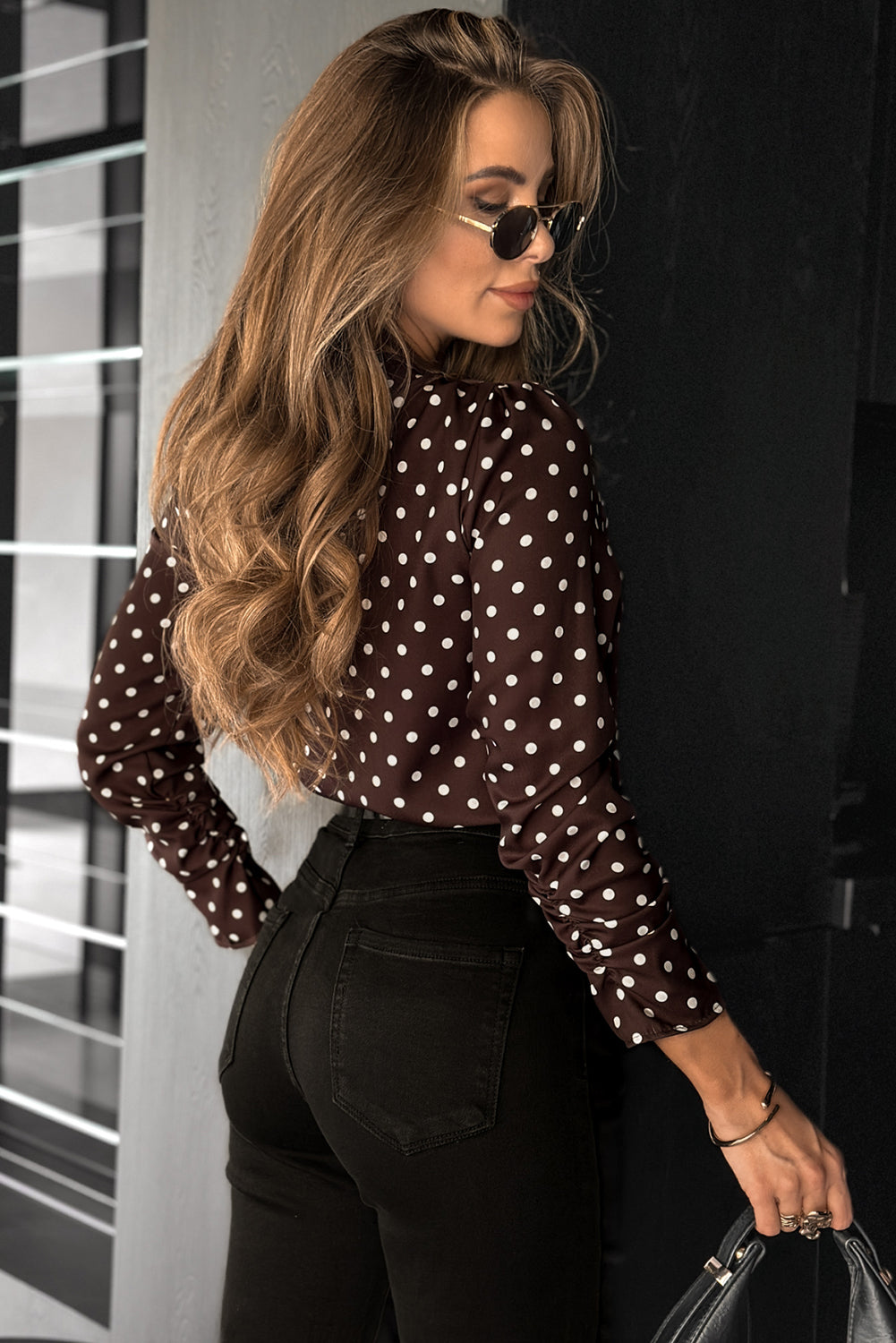 Chicory Coffee Pleated Round Neck Polka Dot Long Sleeve Blouse