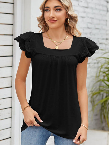 Elegant Black Square Neck Top with Ruffle Sleeves