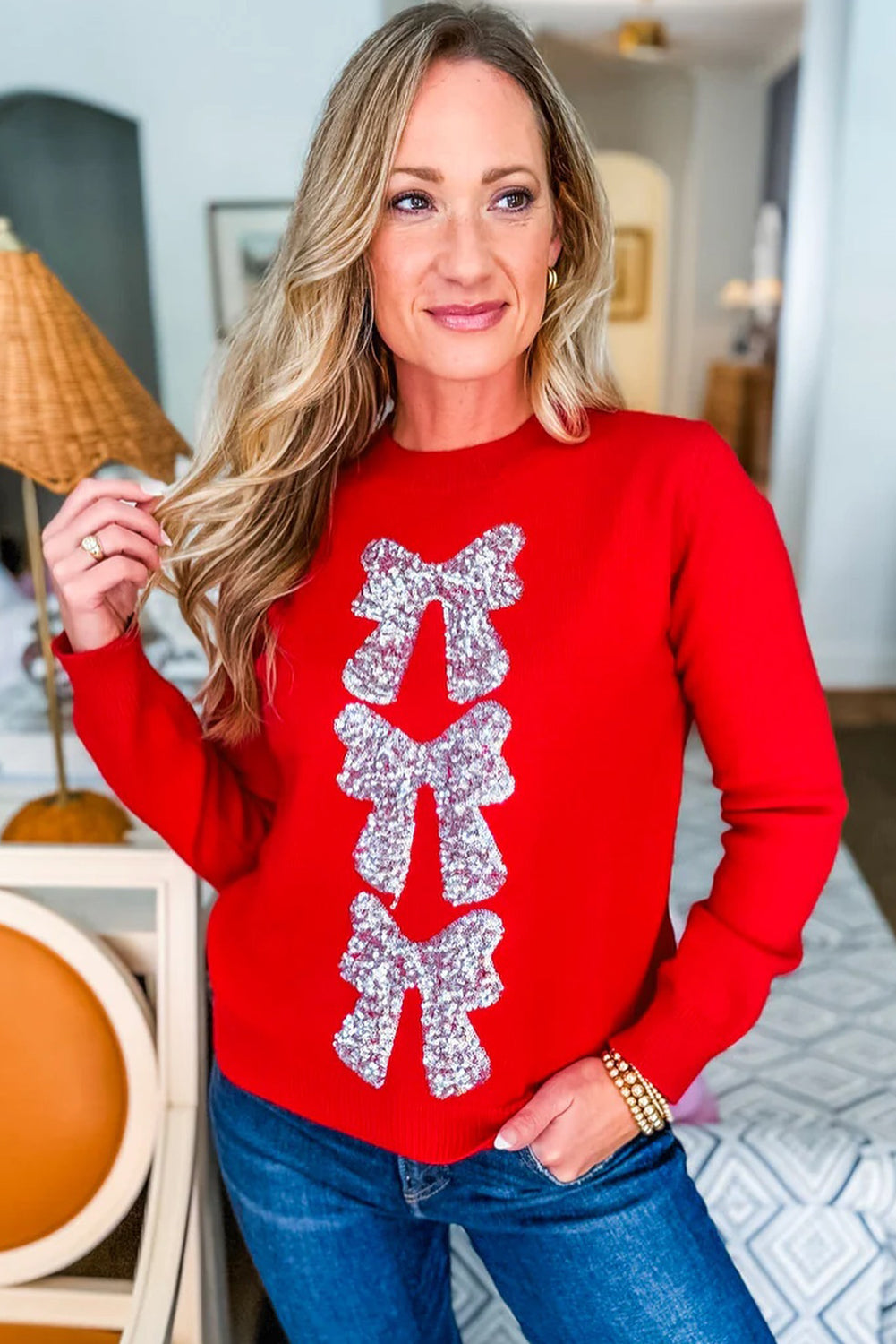 Fiery Red Sequin Bow Pattern Casual Sweater
