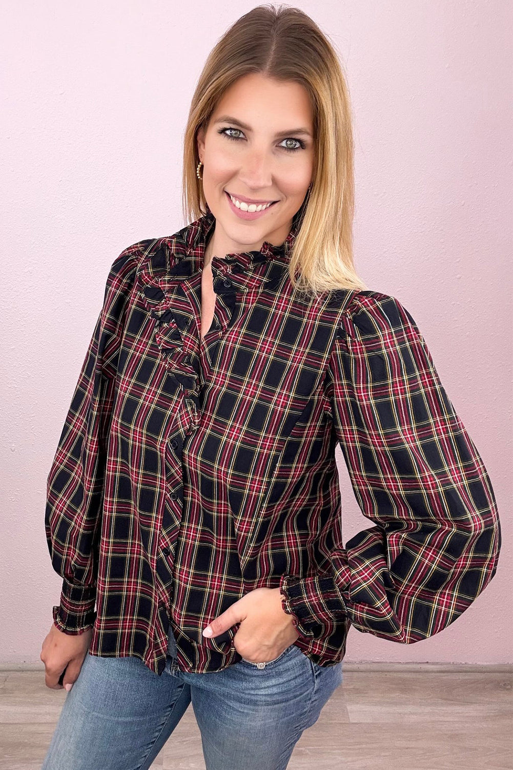 Multicolour Plaid Pattern Frilled Collared Puff Sleeve Shirt