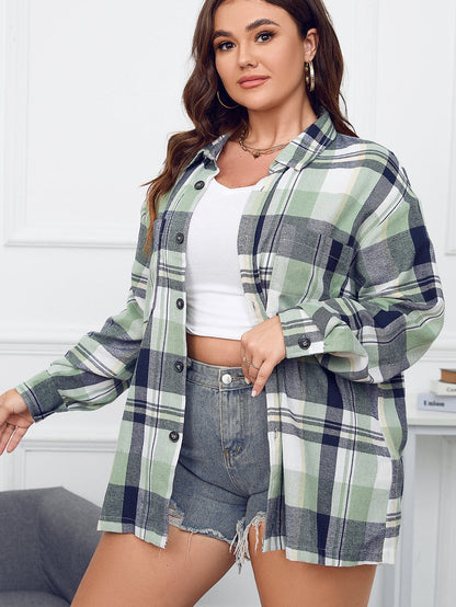 Green Printed Plus Size Chest Pocket Plaid Shirt