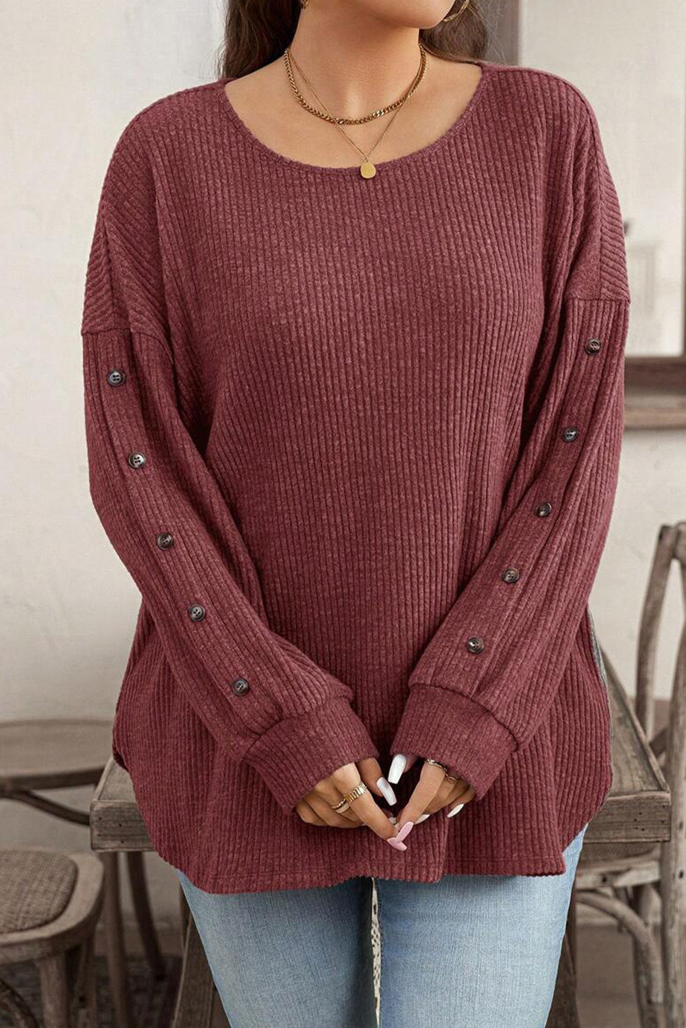 Wild Ginger Plus Size Ribbed Button Decor Long Sleeve Loose Top