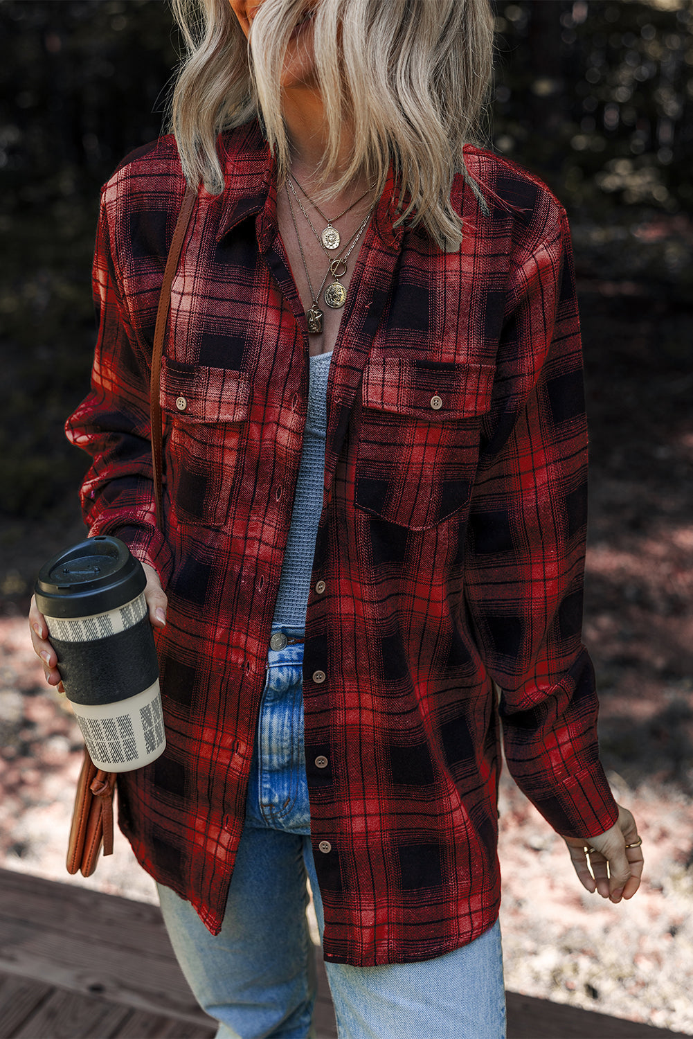 Red Retro Plaid Double Flap Pocket Brushed Shacket