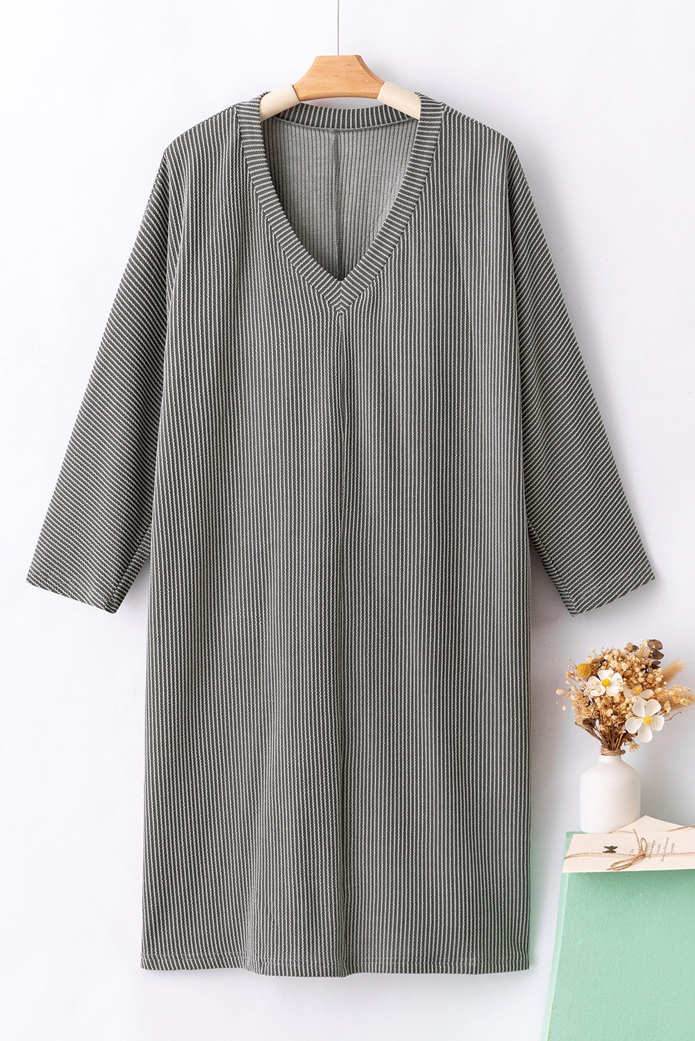 Philippine Gray Plus Size Corded V Neck Shift Dress