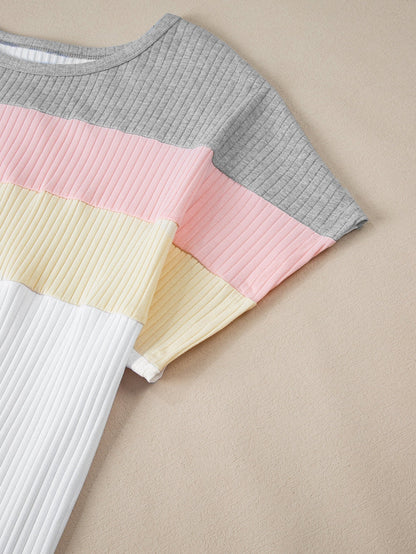 Trendy White Colorblock Patchwork Batwing Sleeve Ribbed Plus T-Shirt