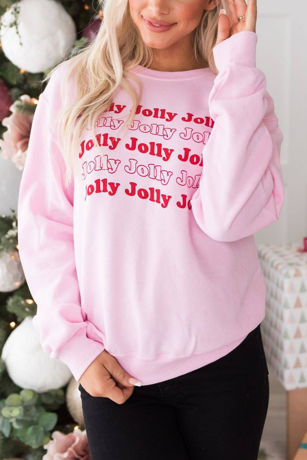 Holiday Joy Pink Jolly Letter Print Sweatshirt