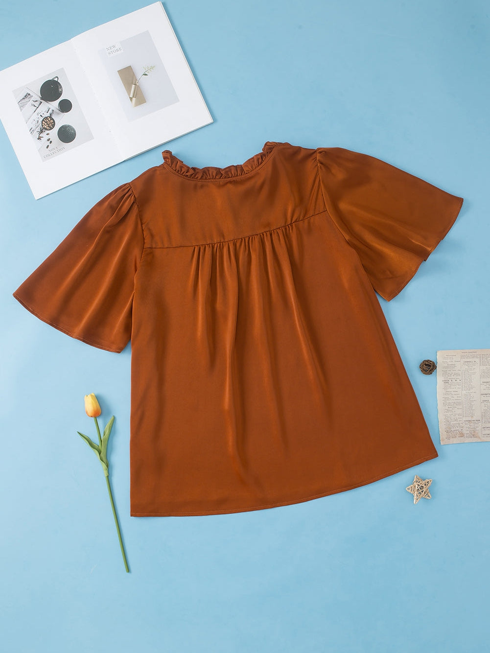 Chestnut Frilled Split Neck Plus Size Satin Blouse