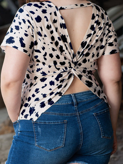 Khaki Leopard Print Twist Open Back Plus Size Top
