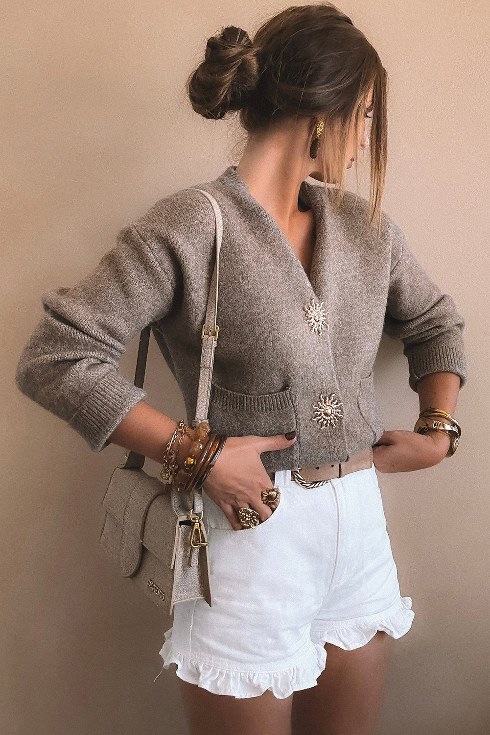 Simply Taupe Sun Goddess Metal Button V Neck Loose Sweater Cardigan
