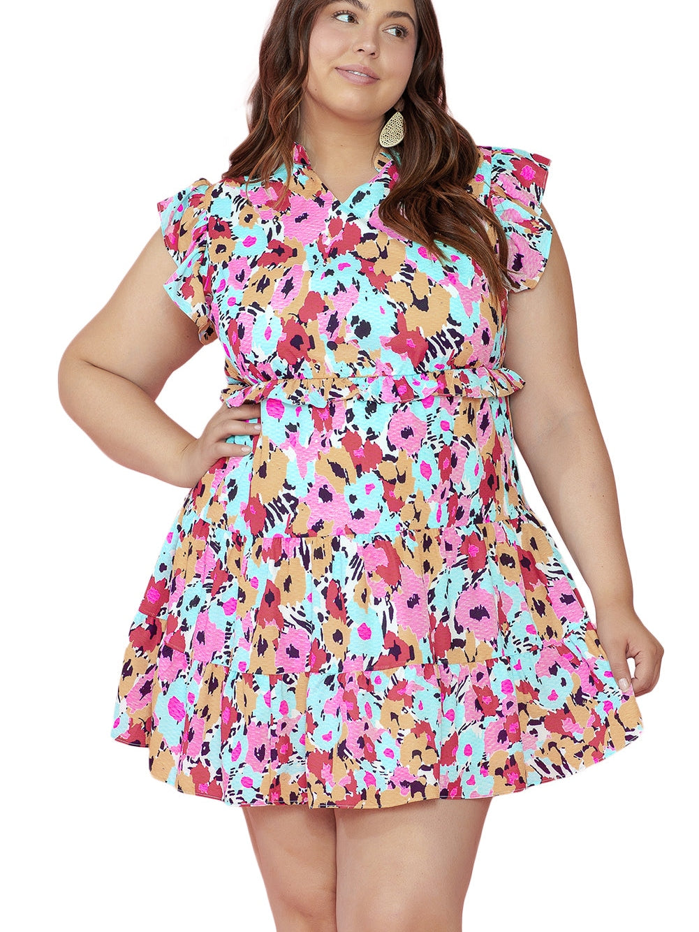 Red Floral Ruffled Cap Sleeve Plus Size Mini Dress