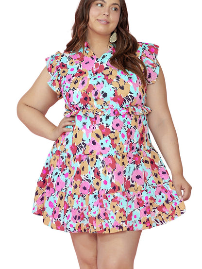 Red Floral Ruffled Cap Sleeve Plus Size Mini Dress