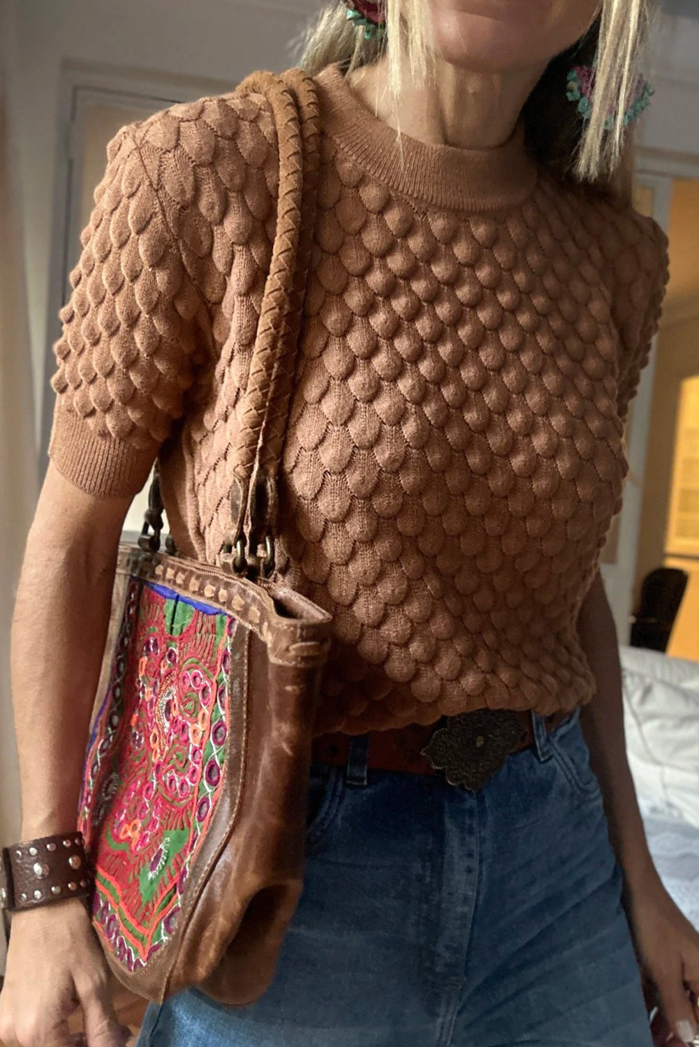 Straw Yellow Fish Scale Textured Knit Ribbed High Neck Short Sleeve Sweater