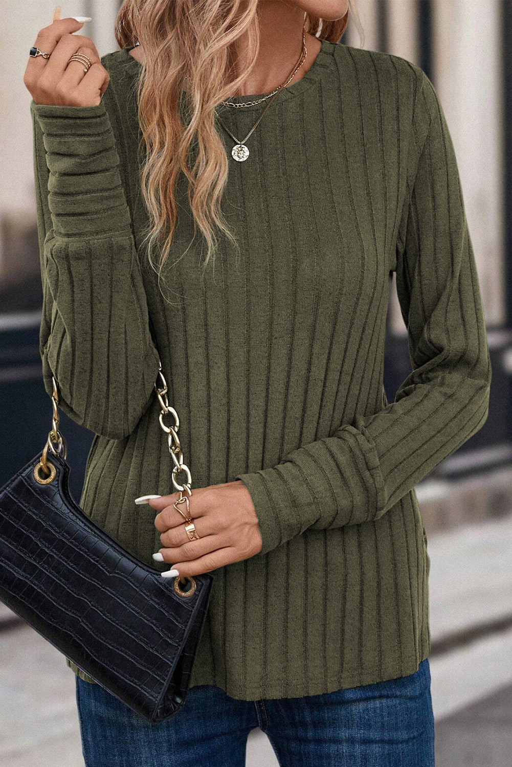 Green Ribbed Knit Long Sleeve Tee